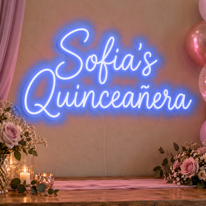 Personalised Quinceañera Neon Sign in blue LED neon on clear acrylic, angled view