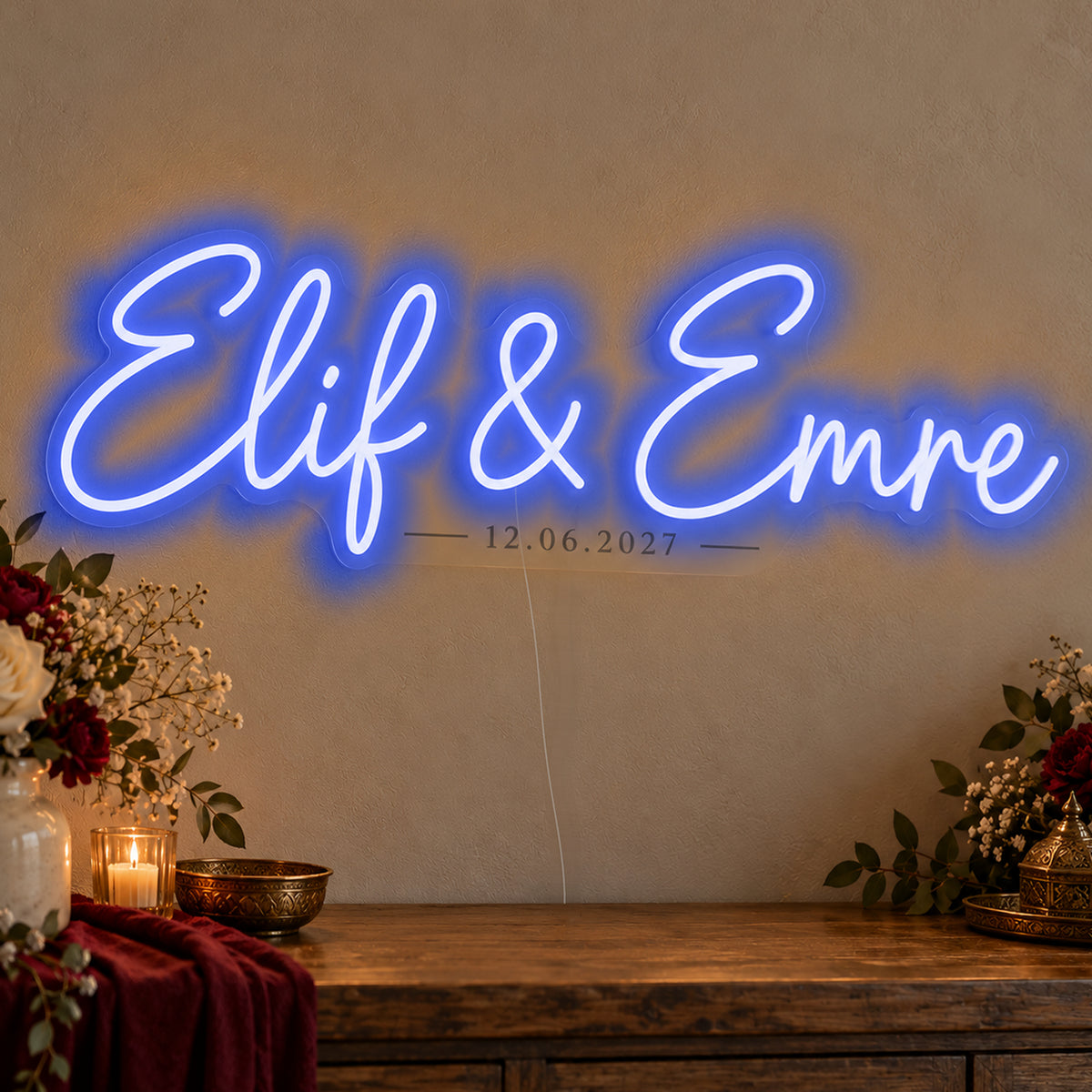Personalised Turkish Names Date Neon Sign in blue LED neon on clear acrylic, angled view