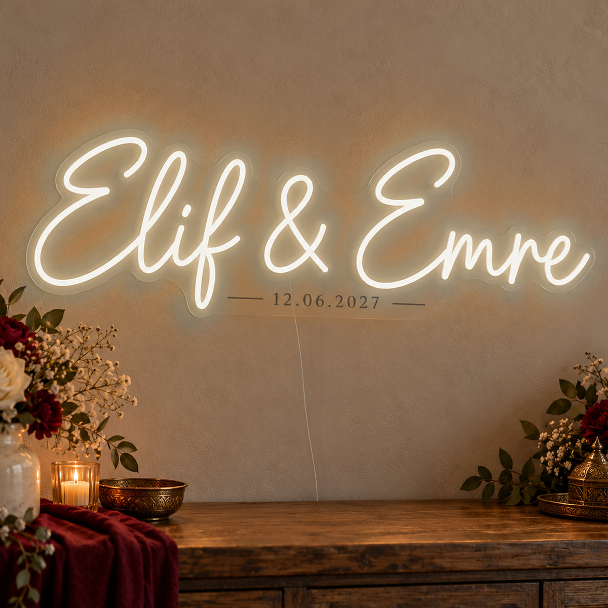 Personalised Turkish Names Date Neon Sign in warm white LED neon on clear acrylic, angled view