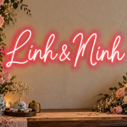 Personalised Vietnamese Couple Names Neon Sign in red LED neon on clear acrylic, angled view