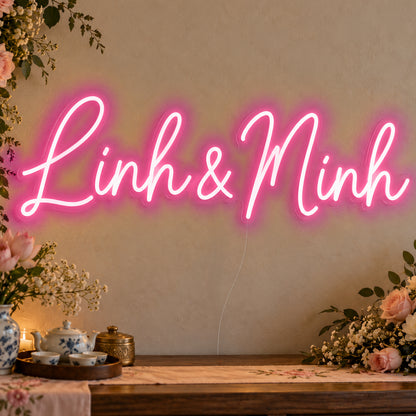 Personalised Vietnamese Couple Names Neon Sign in rose red LED neon on clear acrylic, angled view