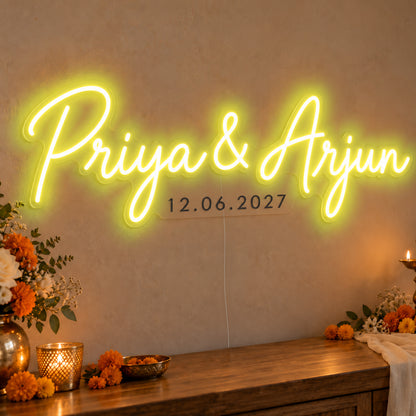 Personalised Wedding Date Neon Sign in yellow LED neon on clear acrylic, angled view