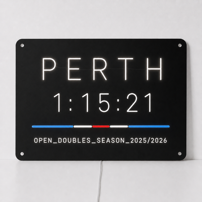Perth hybrid race finish time LED neon sign in white neon on a black acrylic panel, with a personalised finish time and division and season line