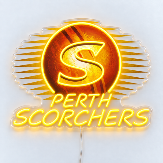 Perth Scorchers Neon Sign with yellow LED neon, UV-printed cricket ball and clear acrylic backing, shown flat on a white surface.