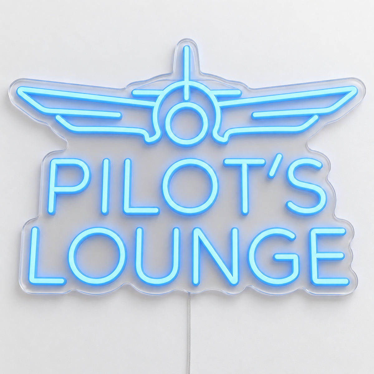 Pilot's Lounge Neon Sign, featuring Pilot’s Lounge lettering beneath an aircraft motif, on a single clear acrylic backing displayed on a white surface.