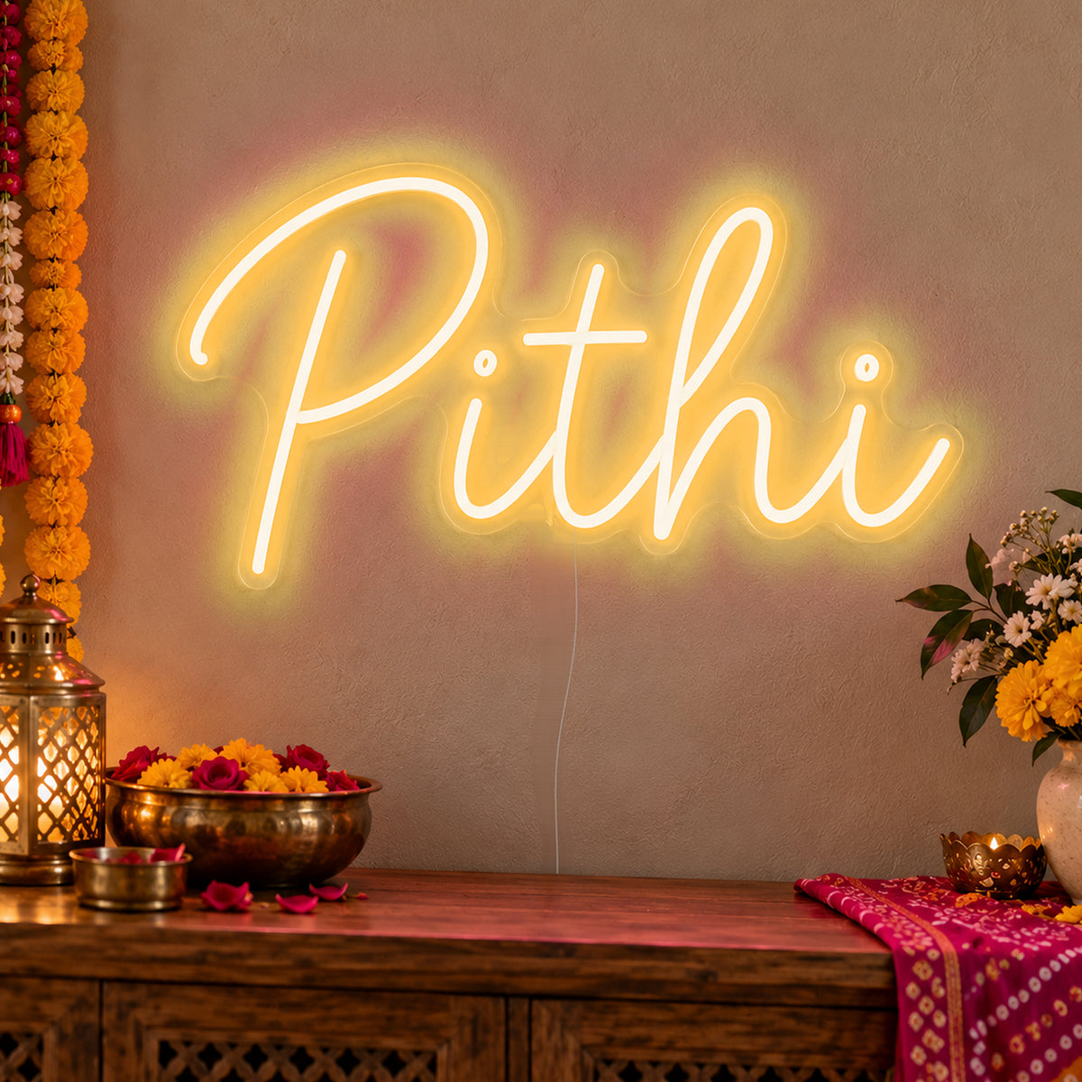 Pithi Neon Sign in gold LED neon on clear acrylic, angled view