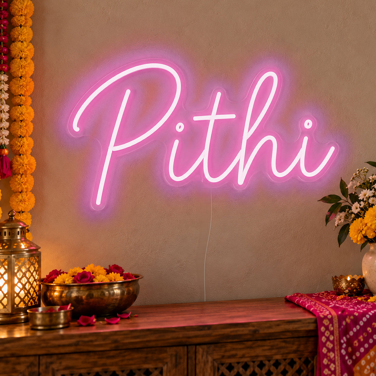 Pithi Neon Sign in pink LED neon on clear acrylic, angled view
