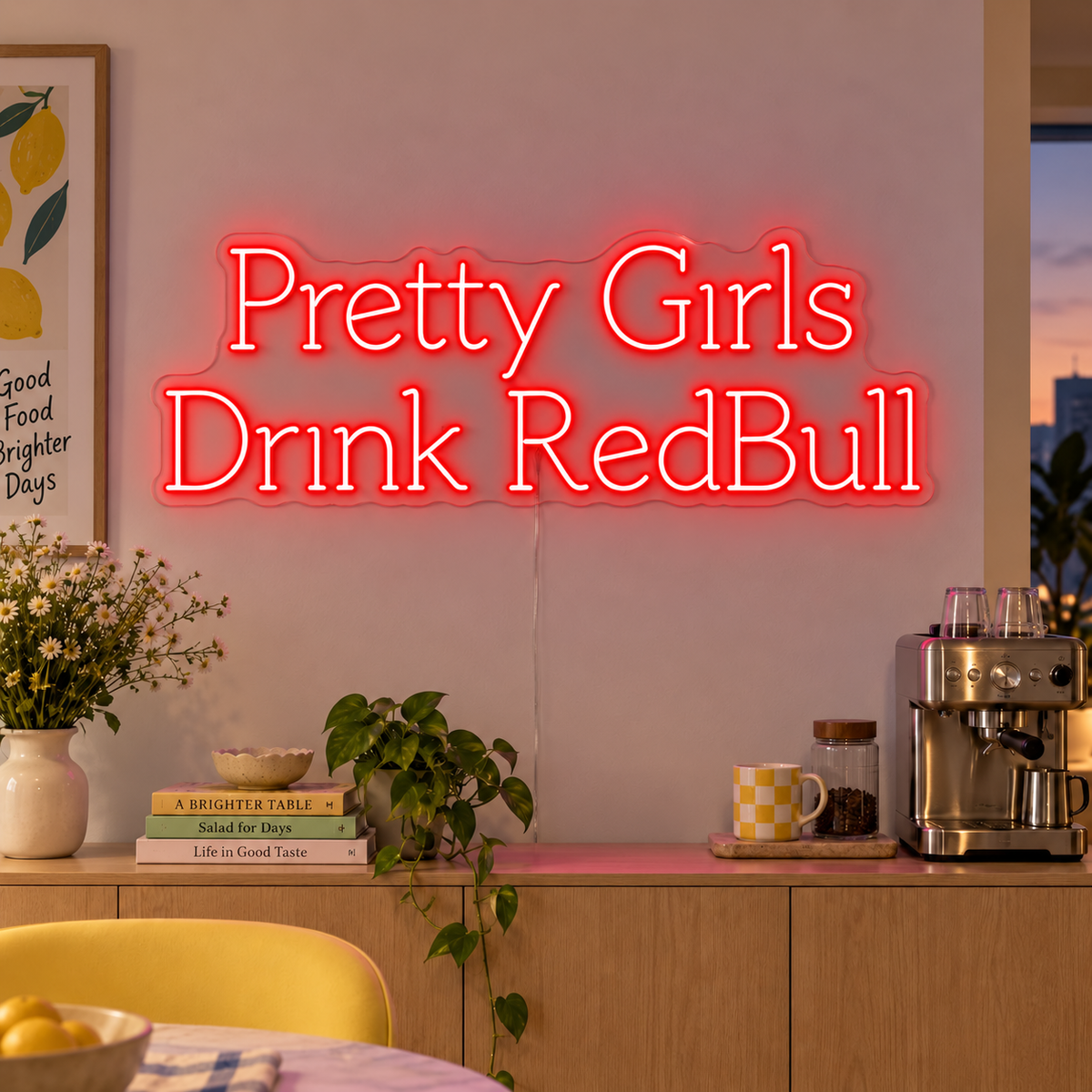 Pretty Girls Drink RedBull Neon Sign in red above a kitchen counter.