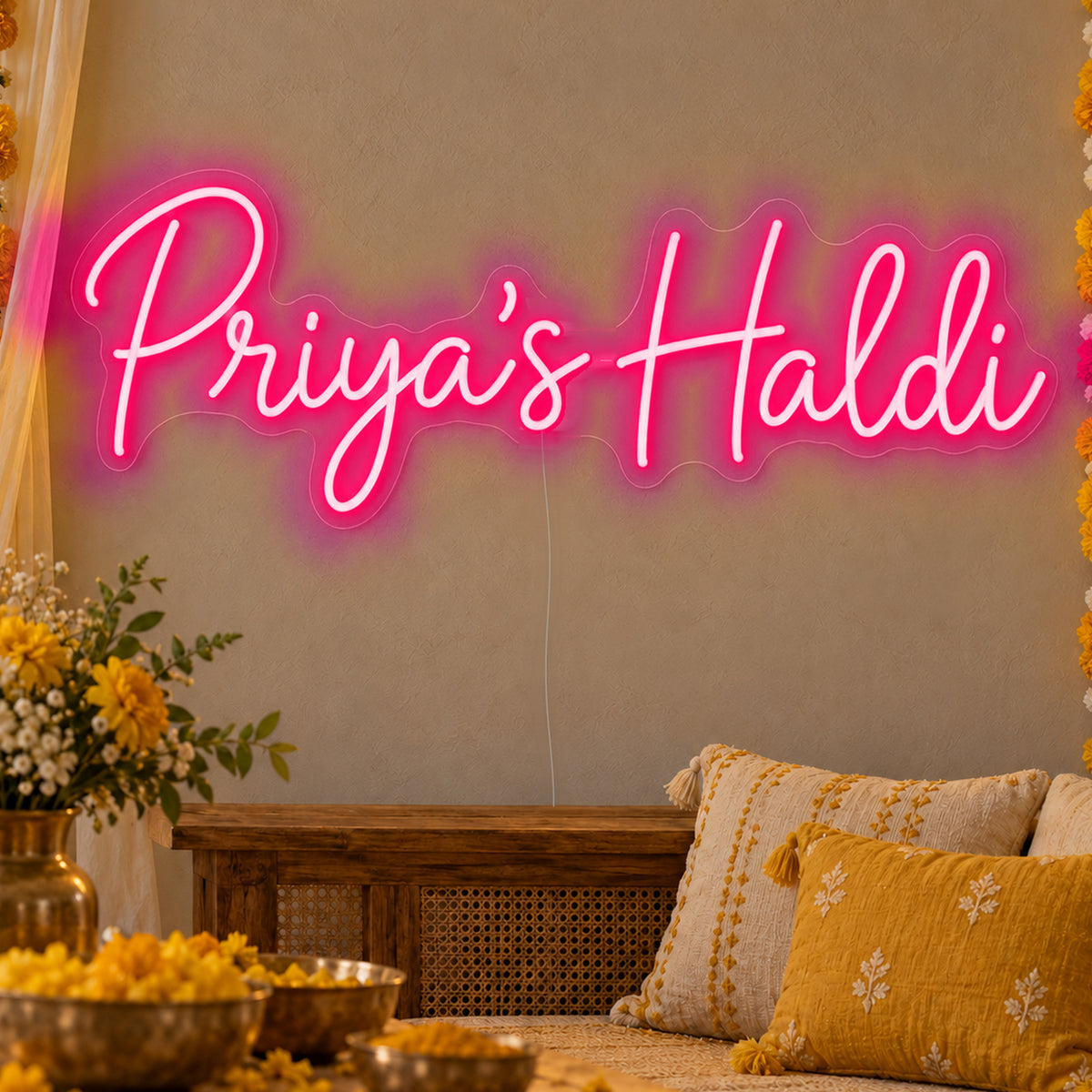 Personalised Haldi Neon Sign in rose red LED neon on clear acrylic, angled view