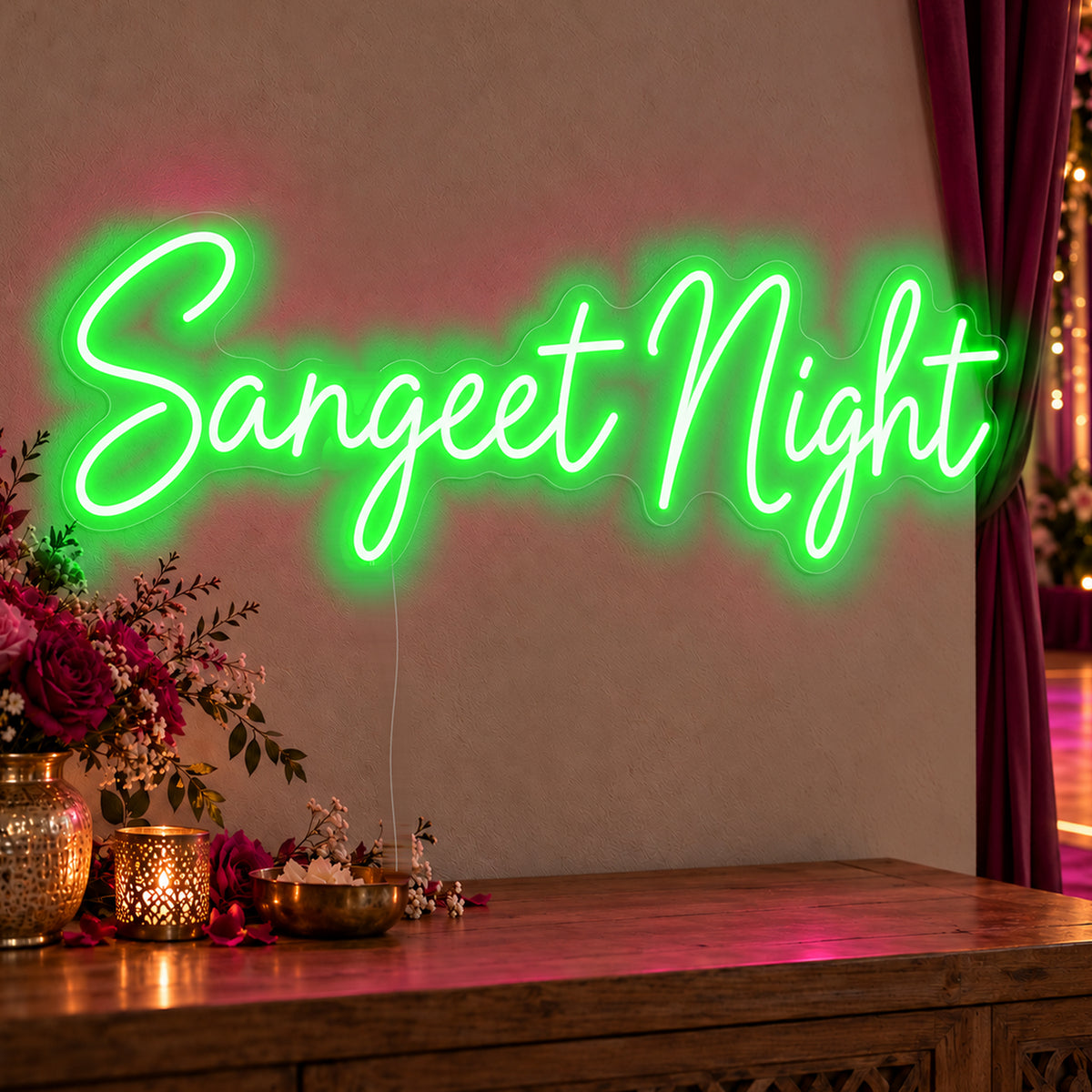Sangeet Night Neon Sign in green LED neon on clear acrylic, angled view