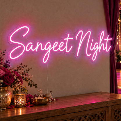 Sangeet Night Neon Sign in pink LED neon on clear acrylic, angled view
