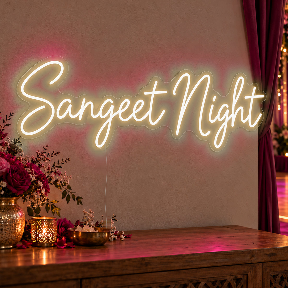 Sangeet Night Neon Sign in warm white LED neon on clear acrylic, angled view