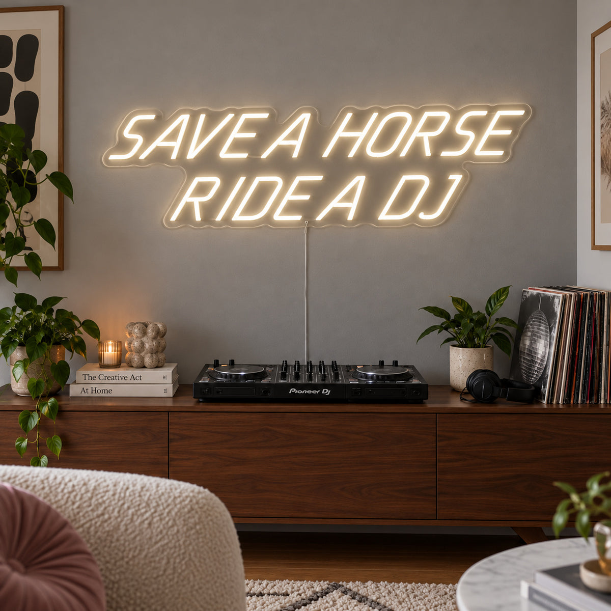 Warm White version of the Save A Horse Ride A DJ Neon Sign, shown above a turntable on a wooden sideboard.