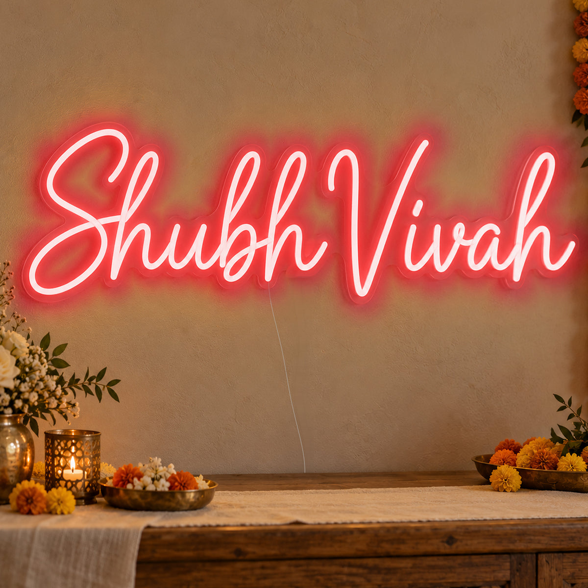 Shubh Vivah Neon Sign in red LED neon on clear acrylic, angled view