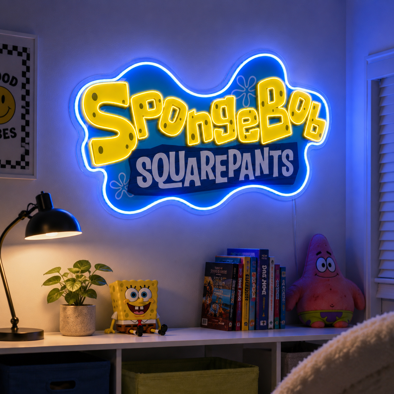 SpongeBob SquarePants neon sign glowing above a desk in a kids bedroom